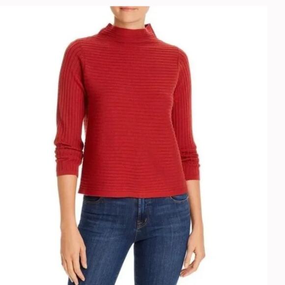 Eileen Fisher Merino Funnel Neck Sweater Sz small ribbed red orange w/ flaw - Picture 1 of 14